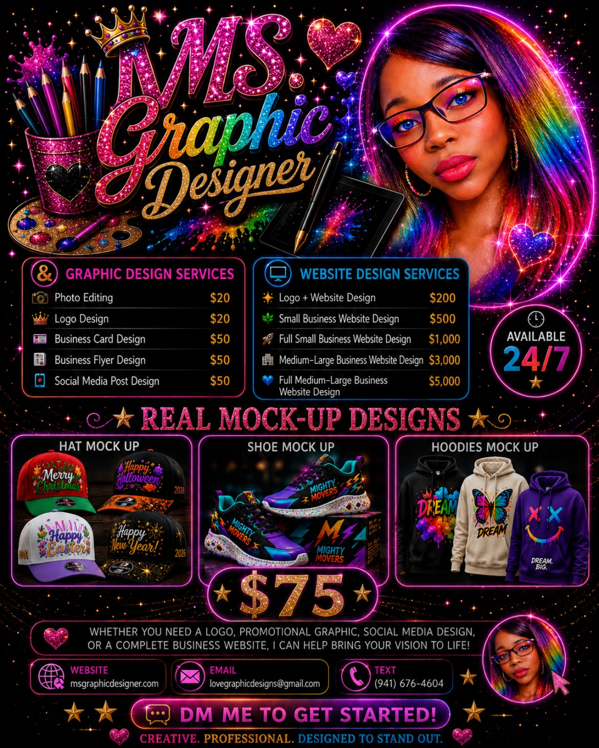 Real mock-up designs — hats, shoes and hoodies — $75